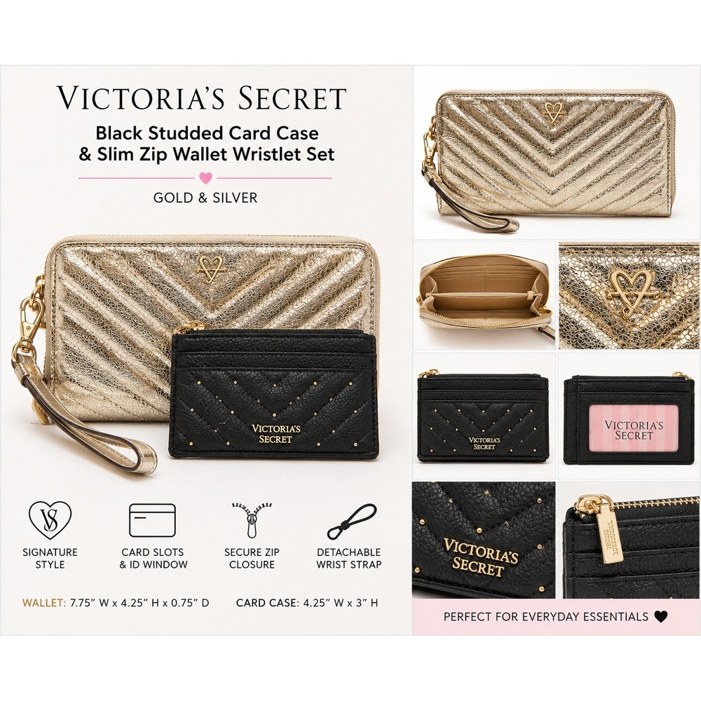 Victoria's Secret Gold Metallic Chevron Wallet & Black‎ Studded Card Case Set - Picture 1 of 11